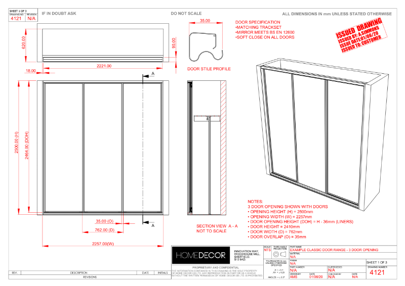 Technical Drawing for 3 Door Sliding Wardrobe - Classic Doors with standard shelf and rail