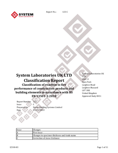 Classification of reaction to fire performance of construction products and building elements in accordance with BS EN 13501-1:2018