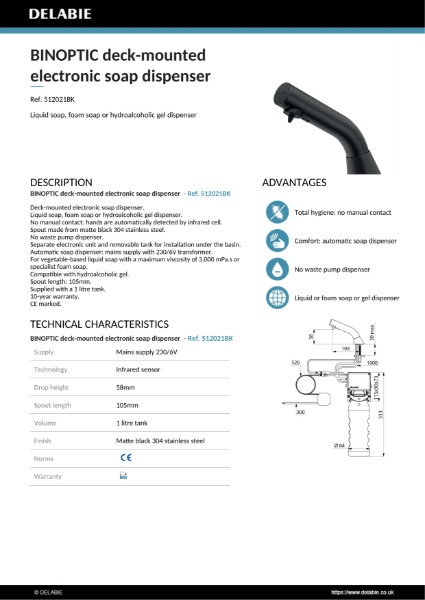 BINOPTIC deck-mounted electronic soap dispenser - Matte Black Product Data Sheet