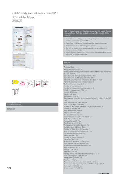 N 70, Built-in fridge-freezer with freezer at bottom, 193.5 x
70.8 cm, soft close flat hinge KB7966DD0G