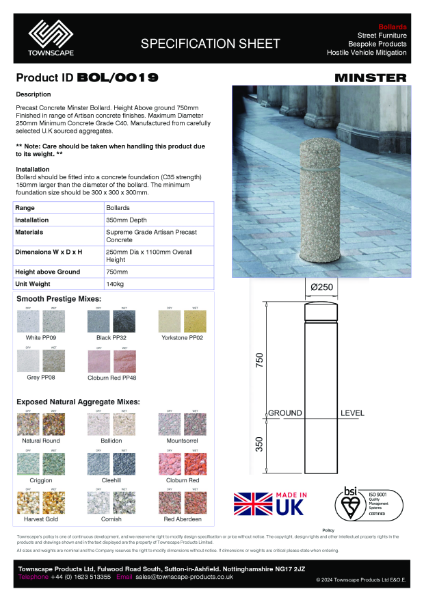 Townscape Minster Concrete Bollard Specification Sheet BOL/0019