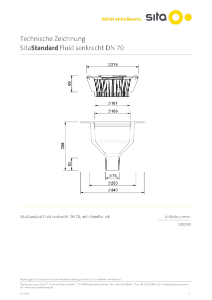 DN70 SitaStandard Fluid Vertical Roof Outlet - Technical Drawing