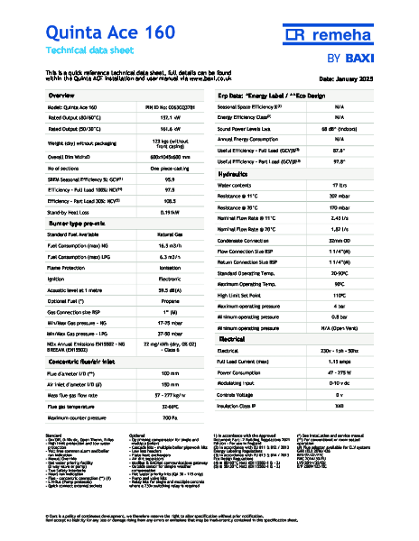 Baxi Quinta Ace 160 -  Technical Specification