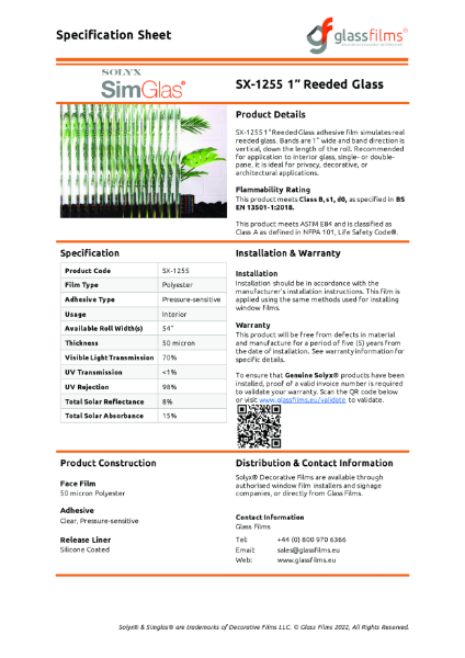 SX-1255 1" Reeded Glass Specification Sheet