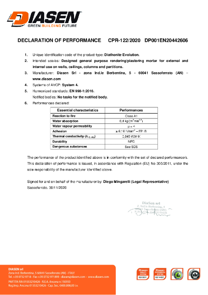 Diasen Diathonite Evolution Declaration of Performance (DOP) EN 998-1 (CE)