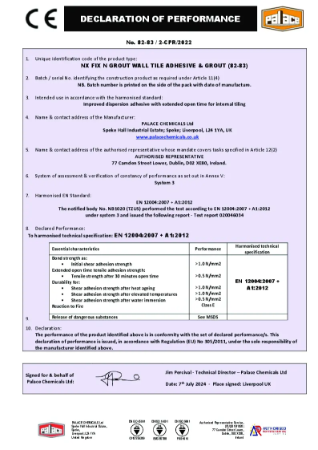 NX Showerproof Ready Mixed Wall Tile Adhesive Declaration of Performance