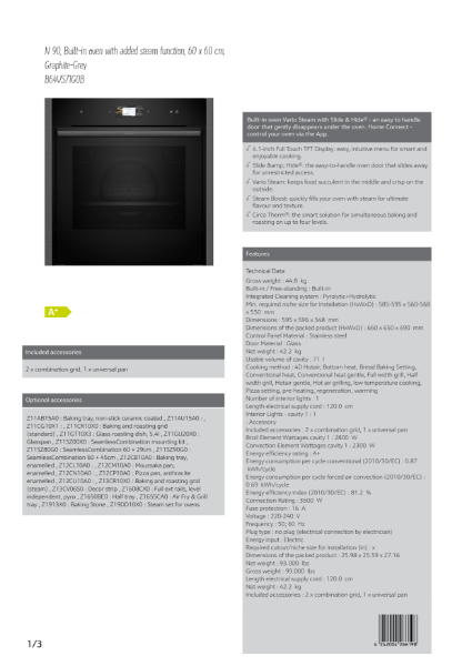 Single oven Slide and Hide door Graphite grey trim B64VS71G0B, Datasheet