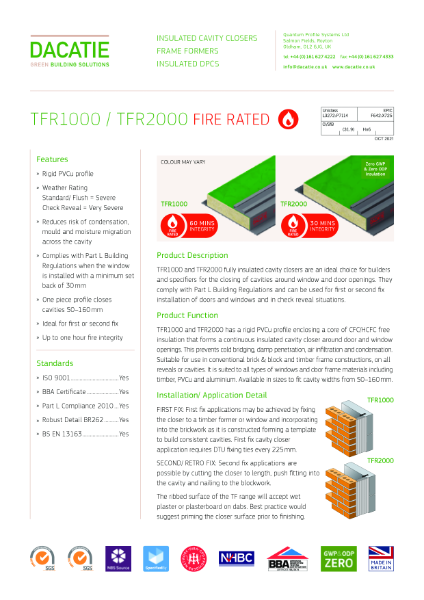 Dacatie TFR1000 TFR2000 - Fire Rated Cavity Closer Cavity Barrier 30  minutes fire  Integrity -  50 to 160mm Cavities - Datasheet