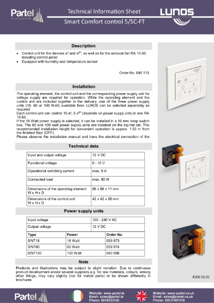 LUNOS Smart Comfort Controller 5/SC-FT Technical Data Sheet