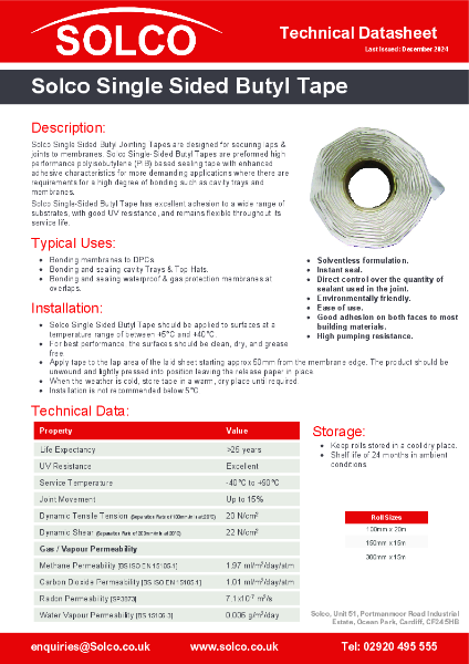 Solco Single Sided Butyl Tape Technical Data Sheet