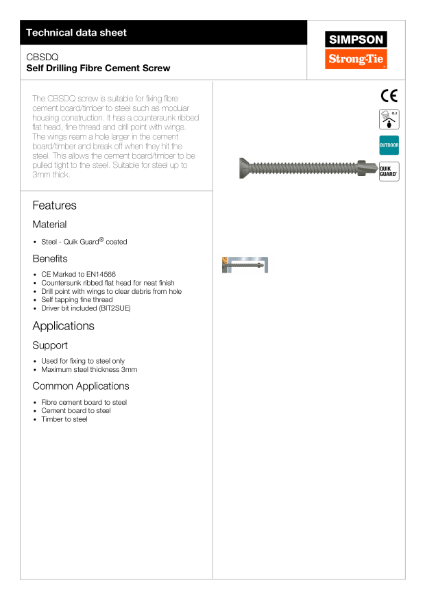 CBSDQ:Self Drilling Fibre Cement Screw Technical Data Sheet