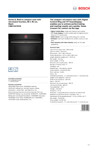 Series 8, Built-in compact oven with
microwave function, 60 x 45 cm,
Black
CMG7241B1B