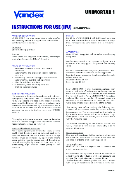VANDEX Uni Mortar 1 - Instructions for use
