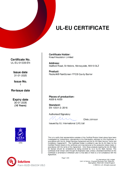 Rocksilk® RainScreen FFCB UL-EU Certificate