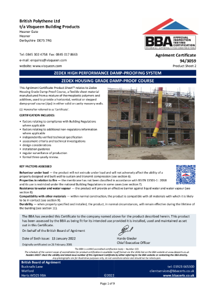 BBA Certificate 2022 Visqueen Zedex Housing Grade DPC