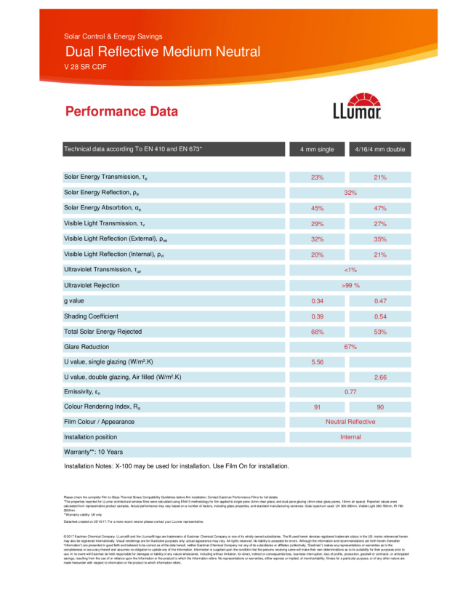 Data Sheet - Medium Dual Reflective Window Film - LLumar V28 SR CDF