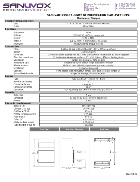 Spécifications techniques du Sanuvair S300 G2 (FR)