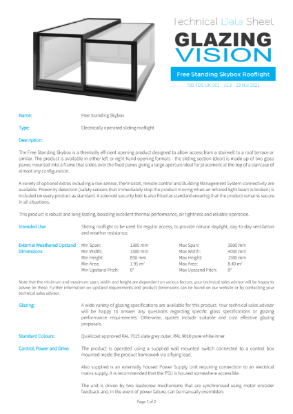 Free Standing Skybox Rooflight Technical Data Sheet