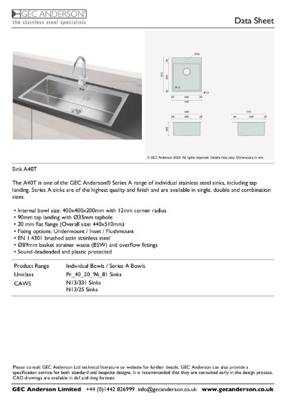 GEC Anderson Data Sheet - Series A sink: A40T