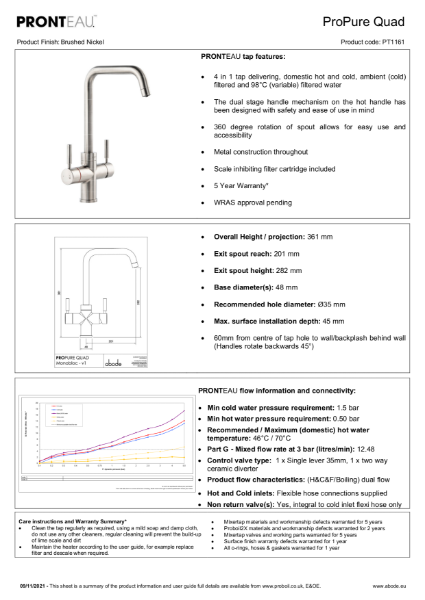 PT1161 PRONTEAU Propure Quad Spout (Brushed Nickel), 4 in 1 Tap - Consumer Specification