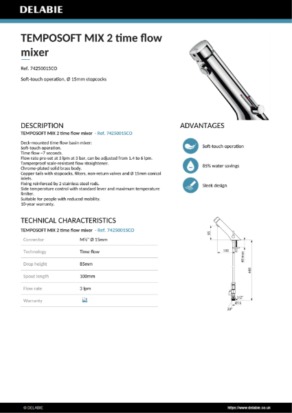 TEMPOSOFT 2 Deck-Mounted Tap with copper tails Product Data Sheet - 74250015CO