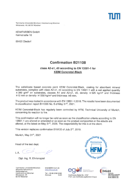 Keim Concretal Black Fire Certificate B21108 May 2021