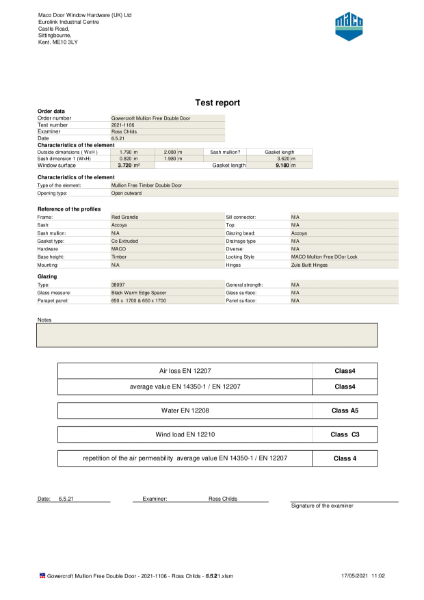 Gowercroft Mullion Double Door Test Certificate