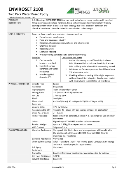 Enviroset 2100 Water Based Epoxy Technical Data Sheet