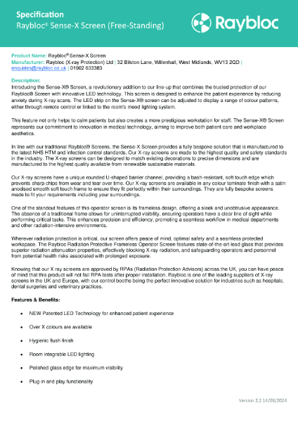 Raybloc Sense-X Screen (Free-Standing) – Product Data Sheet