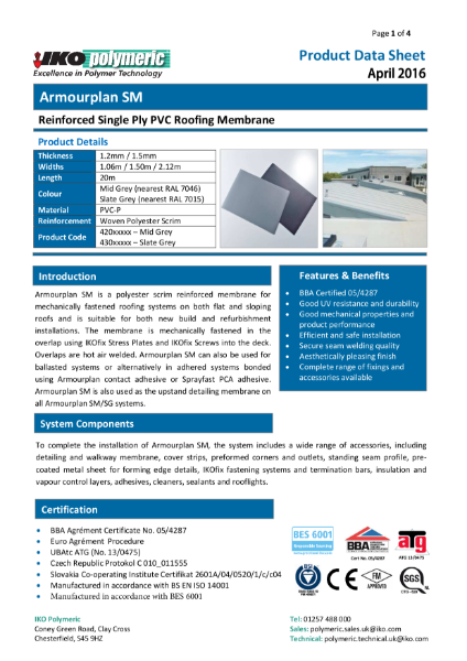 IKO Armourplan SM PVC Single Ply Roofing Membrane datasheet