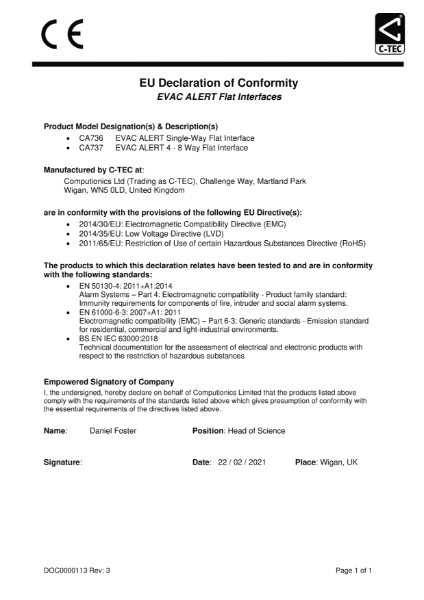 EVAC ALERT Flat Interfaces EU Declaration of Conformity (CoC)