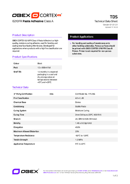 OBEX CORTEX 0210FR Paste Adhesive Class A - TDS