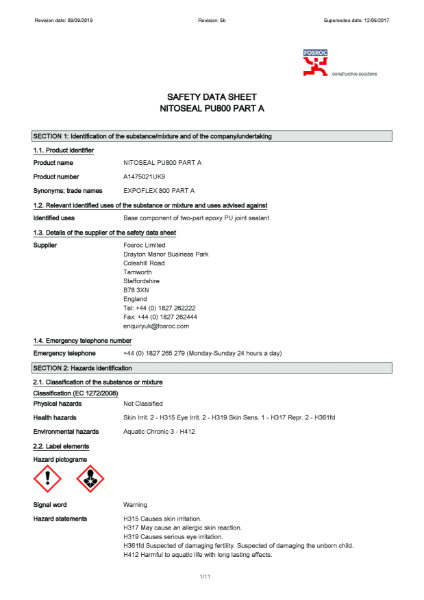 Nitoseal PU800 Part A Safety Datasheet
