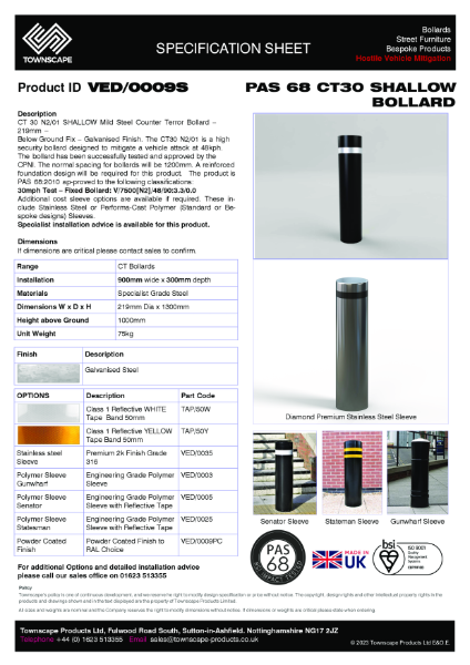 PAS 68 Bollard CT30 N2/01 Shallow Mount Specification Sheet VED0009S