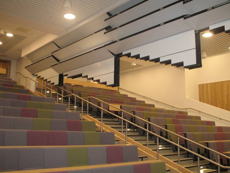 Skyfold fully automatic vertical rising Acoustic moveable wall - lecture theatre partitioning installed at Queen's University Belfast