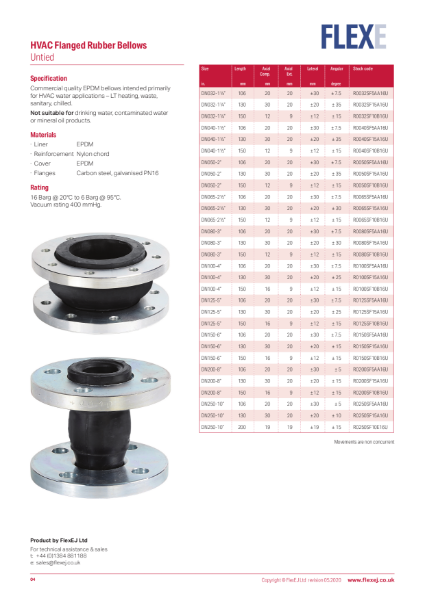 Product Data Sheet - HVAC Range Flanged Rubber Bellows