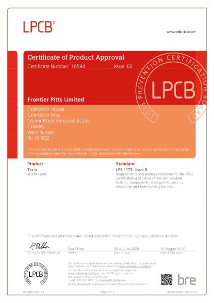 Terra Bi-fold Gates Certificate: LPS1175 & IWA14 Cert C1059 d/e/f