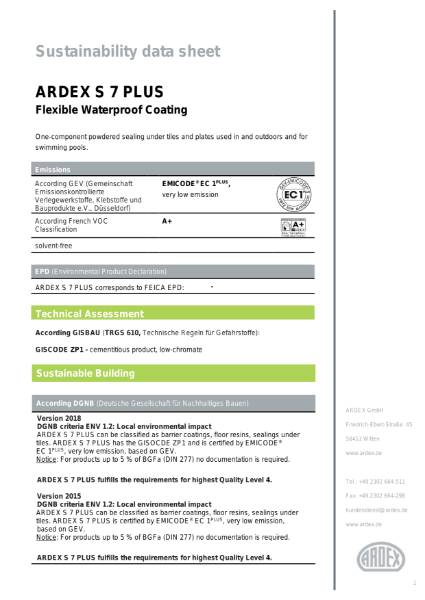 ARDEX S 7 PLUS Sustainability Data Sheet