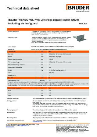 BauderTHERMOFOL PVC Letterbox parapet outlet DN 205 including ss leaf guard