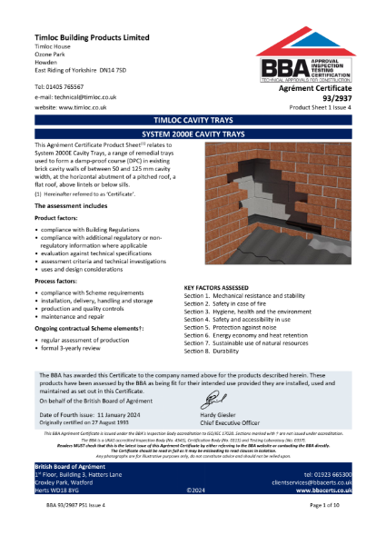 Timloc Building Products System 2000E Cavity Trays: BBA Agrement Certificate 93 2937, Product Sheet 1 Issue 4