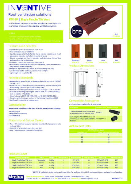 Single Pantile Roof Tile Vent Datasheet