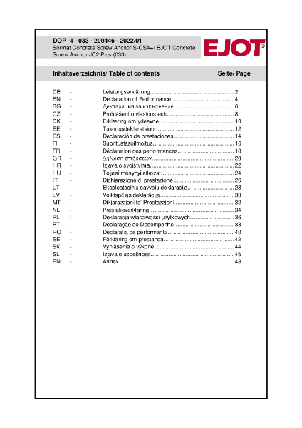 DoP ETA-20-0446 Concrete Screw JC2 Plus