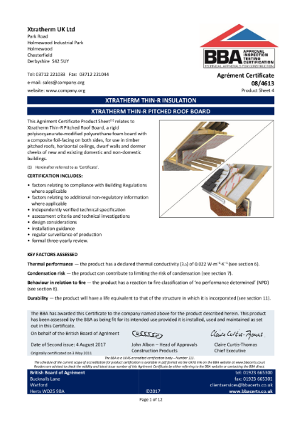 08/4613 Xtratherm Thin-R Pitched Roof Board (Product Sheet 4)