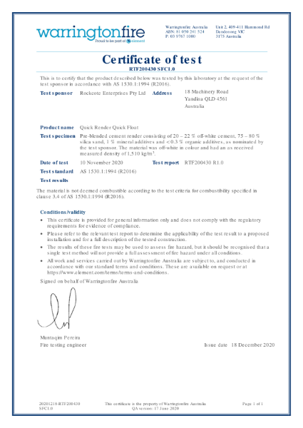 Rockcote Certificate of Test 1530.1 Quick Render Quick Float