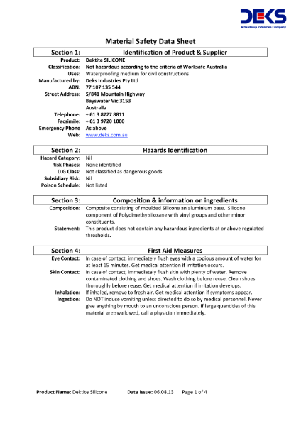 MATERIAL DATA AND SAFETY SHEET - SILICONE