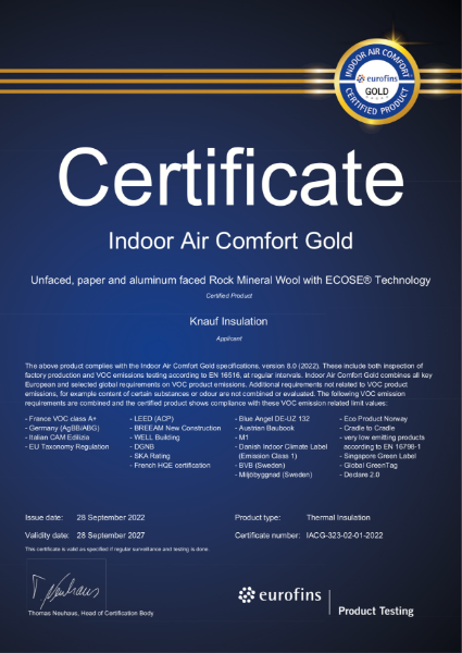 Rock Mineral Wool with ECOSE® Technology - Eurofins Gold Certificate