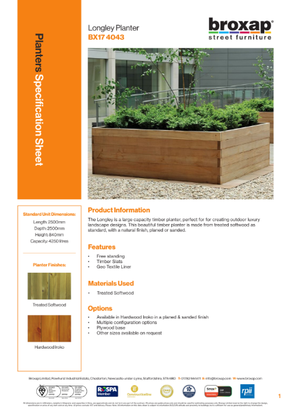 Longley Timber Planter Specification Sheet