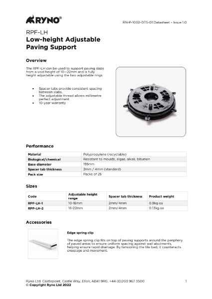 RPF-LH Low-height Adjustable Paving Support - Datasheet