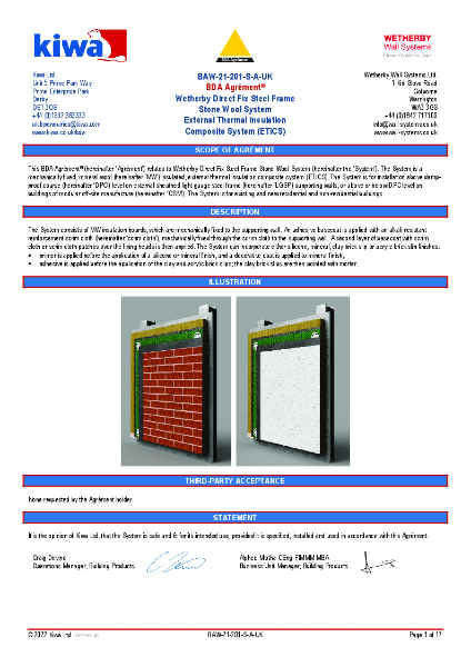 Wetherby Direct Fix Steel Frame Stone Wool EWI System - BDA Certificate