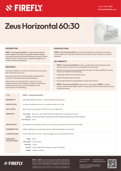 FIREFLY™ Zeus Horizontal 60:30 Fire Barrier - Data Sheet